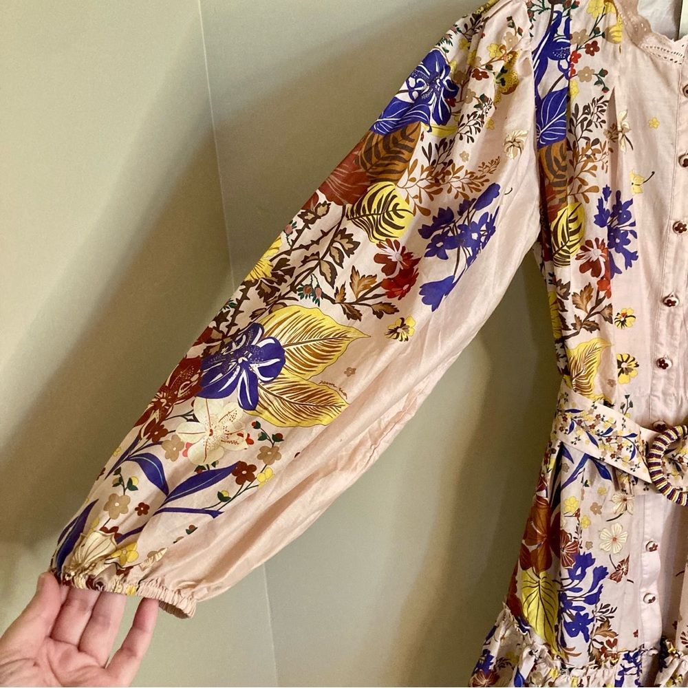 NEW FARM Rio Beauty Bouquet Pink Puff Sleeve Mini Dress Floral Button Size L - Picture 7 of 16